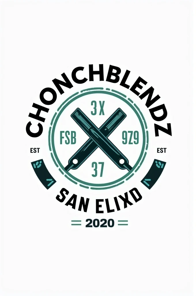 Create a flat vector, illustrative-style emblem logo design for a San Diego barber 'ChonchBlendz' established in 2020 , featuring a modern straight razors crossed in the center of the company name. Use neon green, blue, grey and black colors to convey trust, premium service and a luxury experience against a white background.