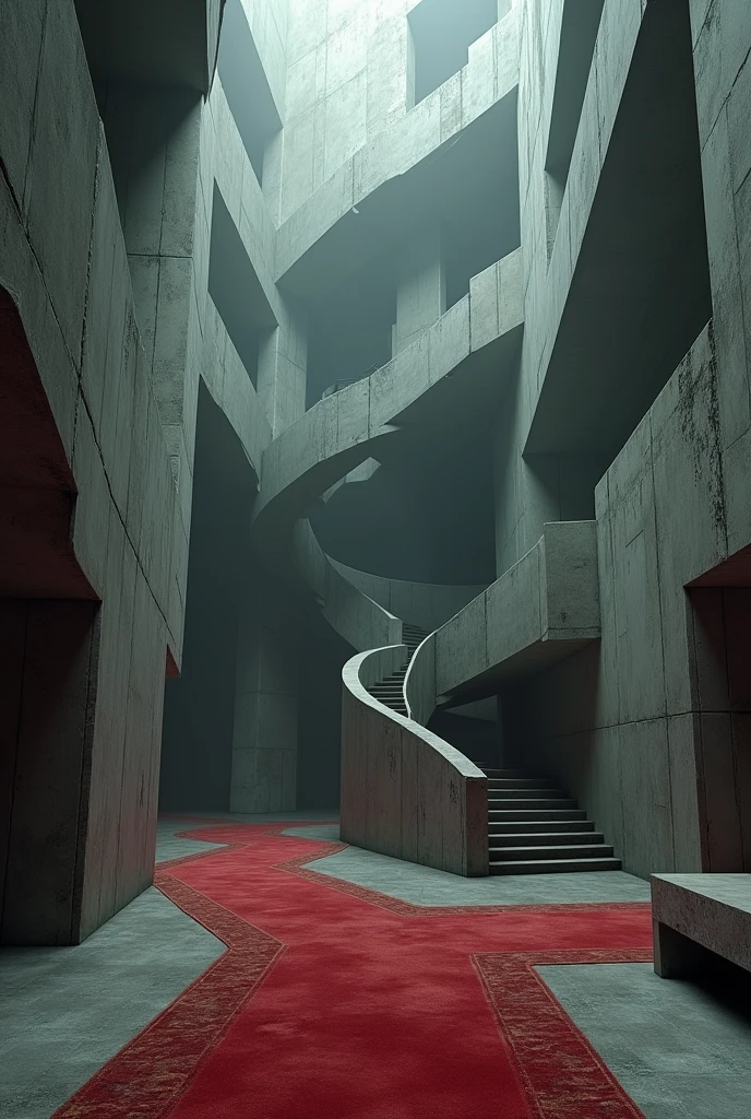 (photorealism:1.2), immense inside space, Escher,  unreal, labyrinth, concrete, sharp edges, liminal, dark, haunted, artificial ,old red  carpet, staircases, darkness, no lighting, mist
