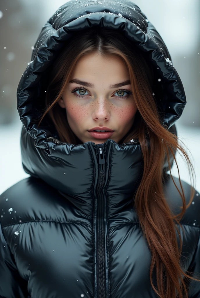 a slim ponytail girl,beautiful detailed eyes,beautiful freckles,beautiful detailed lips,extremely detailed eyes and face,longeyelashes,in beautiful detailed hooded formfitting duvetica overfilled shiny hyper gleamy hyper thick glossy unsealed puffer jacket covering her sealed hyper padded skisuit,latex glossy stirrup legging,symmetrical,standing in a pufferstore,masterpiece,cinematic,lifelike,hyperrealistic,8k,photorealistic,highly detailed,intricate,exquisite,elegant,beautiful,stunning