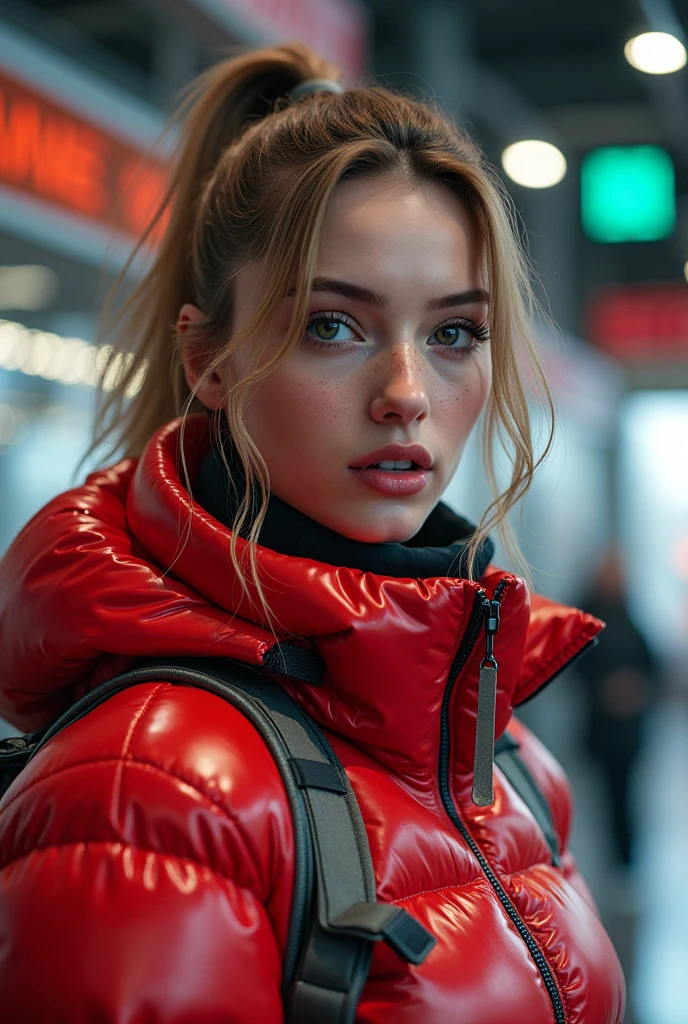 a slim ponytail  girl,beautiful detailed eyes,beautiful freckles,beautiful detailed lips,extremely detailed eyes and face,longeyelashes,in beautiful detailed hooded  formfitting duvetica overfilled shiny hyper gleamy hyper thick glossy unsealed puffer jacket covering her sealed hyper padded skisuit,latex glossy stirrup legging,symmetrical,standing in a pufferstore,masterpiece,cinematic,lifelike,hyperrealistic,8k,photorealistic,highly detailed,intricate,exquisite,elegant,beautiful,stunning