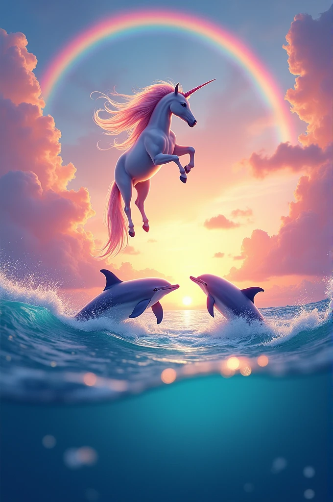 Create a magical realistic image of two bright colorful dolphins with a unicorn flying over the sea with the sunset and a rainbow in the background with the sky in a pink sunset color., orange, blue and purple pastels on the clouds.