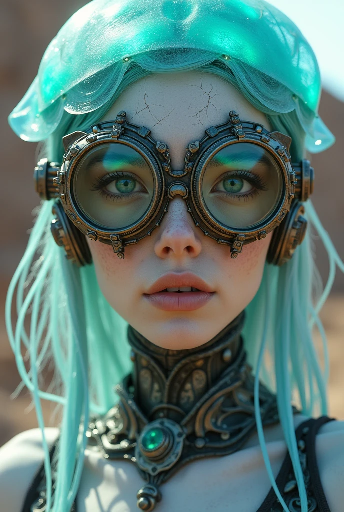 Ethereal Cyborg Woman, bioluminescent jellyfish tiara. Steampunk goggles merge with translucent tentacles. Cracked porcelain skin meets iridescent scales. Mechanical implants and delicate tendrils intertwine. Human characteristics with an otherworldly glow. Dreamy aquatic tones contrast with aged metal. Reflective eyes capture invisible worlds. Gentle bioluminescence meets a harsh desert landscape. Fusion of organic and synthetic, ancient and futuristic. Hyper-detailed textures, surreal atmosphere.