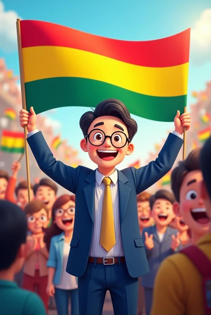 (40 year old Korean man with cheerful eyes wearing glasses wearing a blue suit and a white striped shirt and tie. Where he is holding a Bolivian flag without the logo just red yellow and green without the flag logo just red yellow and green just red yellow and green. Create it in the form of a cartoon piscsart or anime with some people who cheer for you and love you