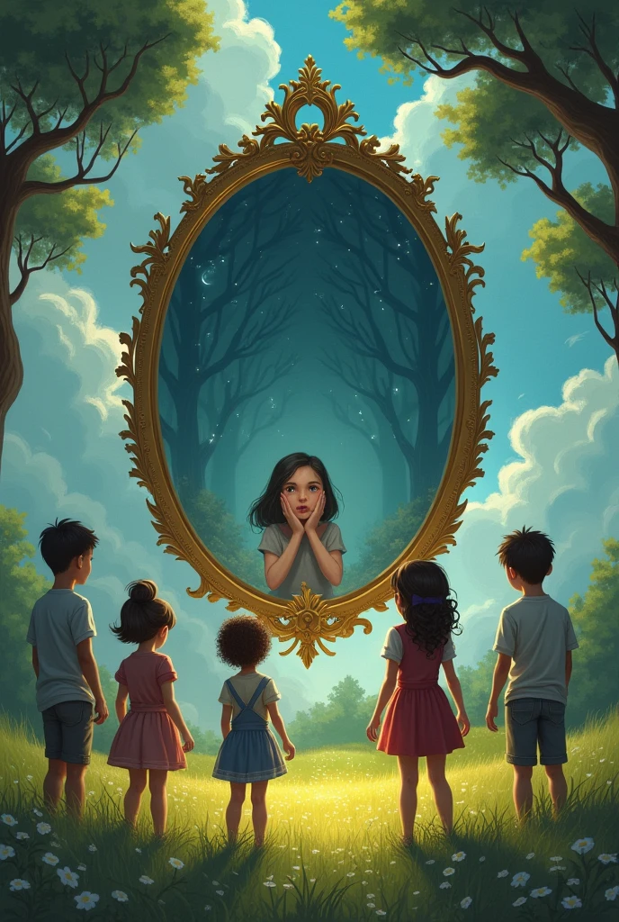 The Lying Mirror The first challenge surprised them when they arrived at a meadow where a large mirror was floating in the air. This mirror, known as the Lying Mirror, had the power to reflect not the truth, but what each one feared for himself. When looking at each other, Clara saw a selfish girl, Luis saw himself as a coward, and Anna saw herself as someone insignificant.
Children, confused and scared, They started fighting each other, blaming themselves for their shortcomings, However, the more disc