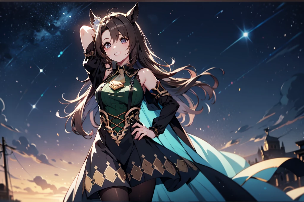 masterpiece、Highest Resolution、Highest quality、Highest quality、high quality anime、sharp、sharp効果、sharp塗り、sharp化、solo。Adult woman with horse ears。Blue Dress、Blue shoulderless dress。brown shorts、Brown pantyhose。Large light blue cloak。Moonlit night starry sky background、breeze、Chest is center right。Dark lipstick、Grin、Beautiful breasts。Brush your hair up with your hands、Touch your head with your hand、Hands on hips。Brown Eyes。Brown Hair、Long Hair、Half Twin、Half Up。hair ornaments。
