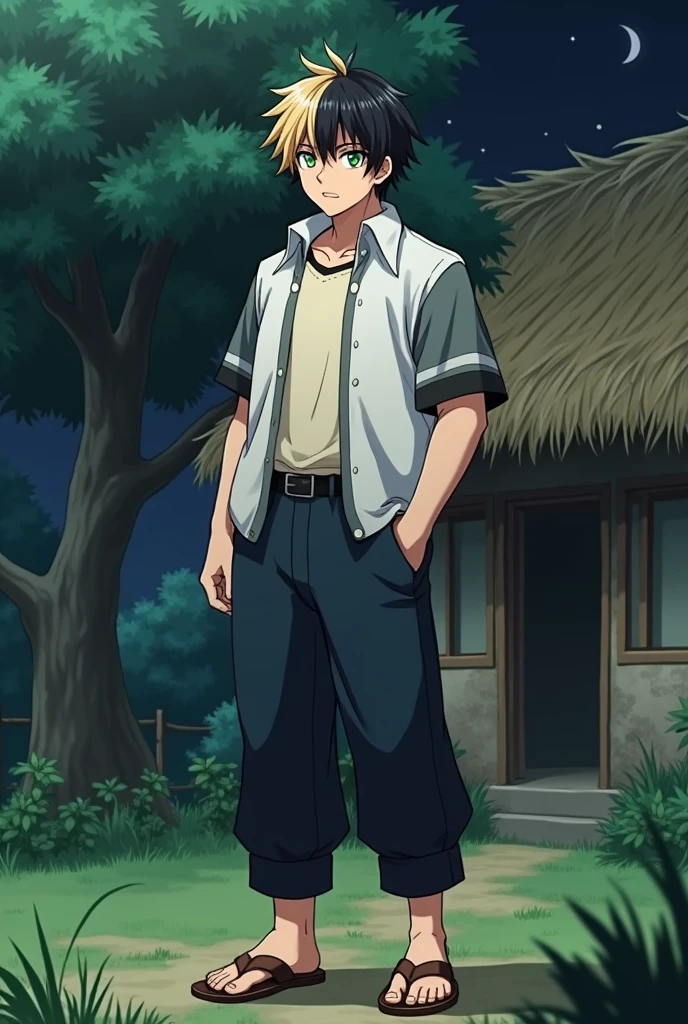 a fantasy anime boy with short and tidy "some blonde and some black hair with a little much red hair" mixed . White shirt with gray short sleeves and black edges, cream colored t-shirt underneath. The buttons are closed. Standing in front of the door of a house with straw walls and a hay roof. Among the greens and a single big tree facing. Old navy pants and old brown sandals. a strong exerciser and tall body that looks a little hot . looking at you dead seriously in a simple pose . . glowing green eyes that have red halo around the pupils . shining in moonlight at dark night landscape