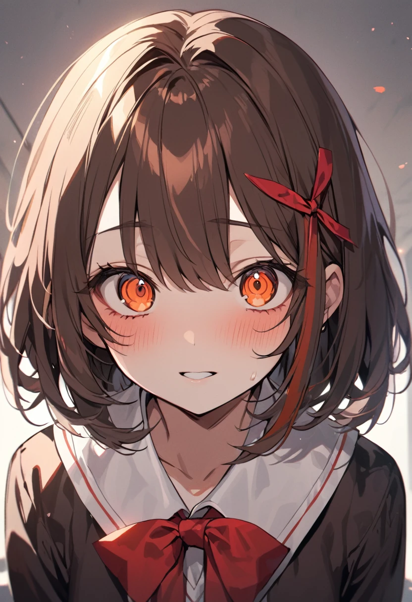 girl, beautiful, brown hair, orange eyes, breasts, crying, tears, red bow, yandere, medium hair