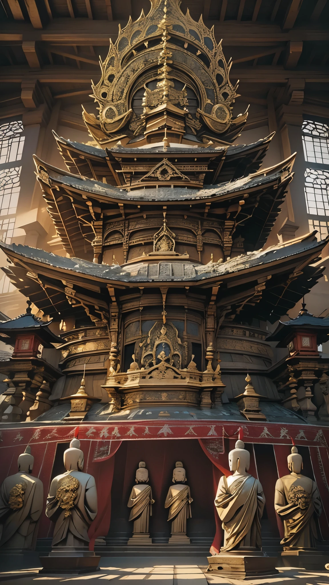 detailed japanese buddha statues, intricate architecture, ornate carvings, serene atmosphere, warm lighting, japanese buddha statues, ancient religious site, majestic scale, atmospheric perspective, cinematic composition, (best quality,4k,8k,highres,masterpiece:1.2),ultra-detailed,(realistic,photorealistic,photo-realistic:1.37),dramatic lighting,ornate decor,grand scale,highly detailed textures,exquisite craftsmanship,spiritual ambiance,awe-inspiring architecture