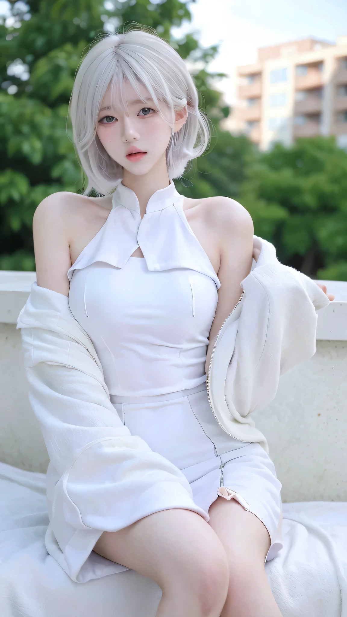 Beautiful woman with perfect figure:1.4,snow,Touching butt with both hands,snow背景,Layered Hairstyle,White skin,Prominent cleavage,Pleated Skirt,whole body,Very delicate face and skin texture,Double eyelids,Skin Whitening,Long white hair