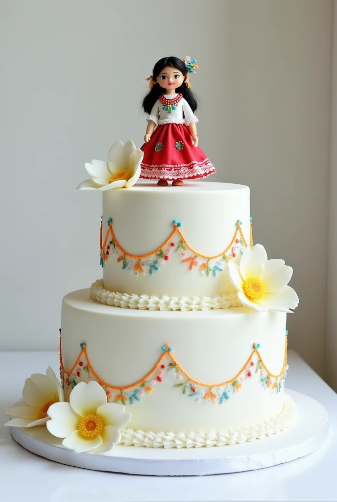 Imagine a two-tier cake, completely white, with a smooth and elegant finish. At the top a typical doll and at the base of each floor sacuanjoche flowers, There are braids that imitate the typical ornaments of Nicaraguan folklore dresses., with bright colors like red, blue, green and yellow. These braids are delicate and finely detailed., adding a cultural and festive touch located on the lower and upper edges of each level Throughout the lower part of the first level of the cake and perhaps at some strategic points on the sides, sacuanjoche flowers are placed (the national flower of Nicaragua), with its white petals and soft yellow center, which contrasts beautifully with the white background of the cake. The flowers could be fresh or made from fondant., but they are placed in a way that they look natural and elegant.