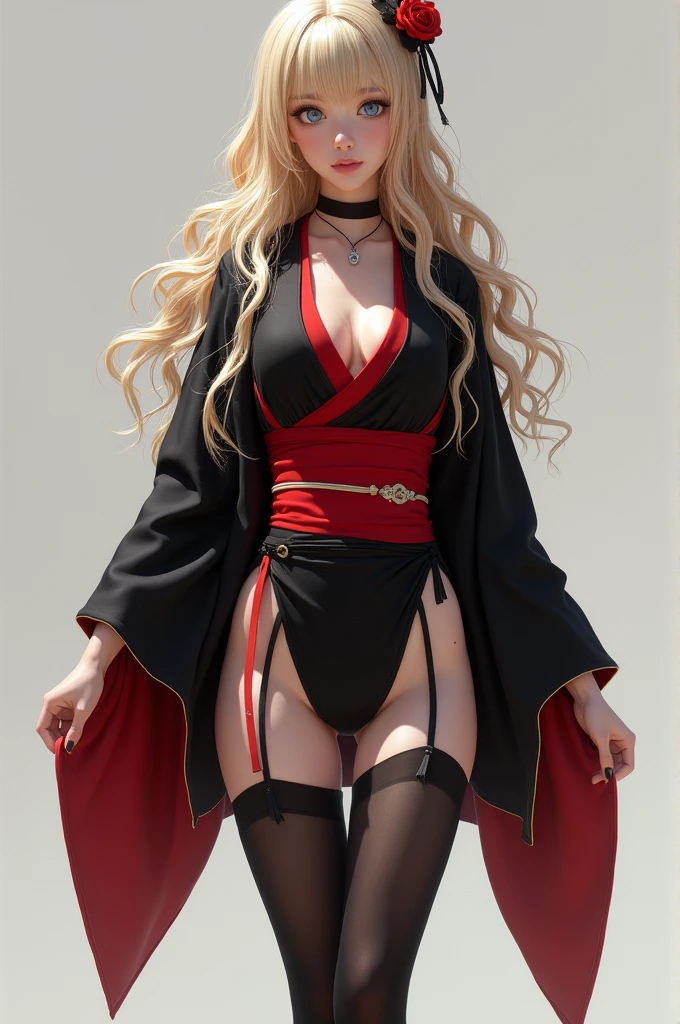 A woman, with a delicate and feminine body, a narrow waist, slender legs, a full chest, thin and small shoulders, pale skin, very long wavy blonde hair, bright and deep sky blue eyes, a mole on the neck and next to the lower lip, a two-layered black and red yukata that is tight with two large openings on the side from the bottom down to her hips, a red belt that hugs her waist, long black stockings, black high-heeled boots.