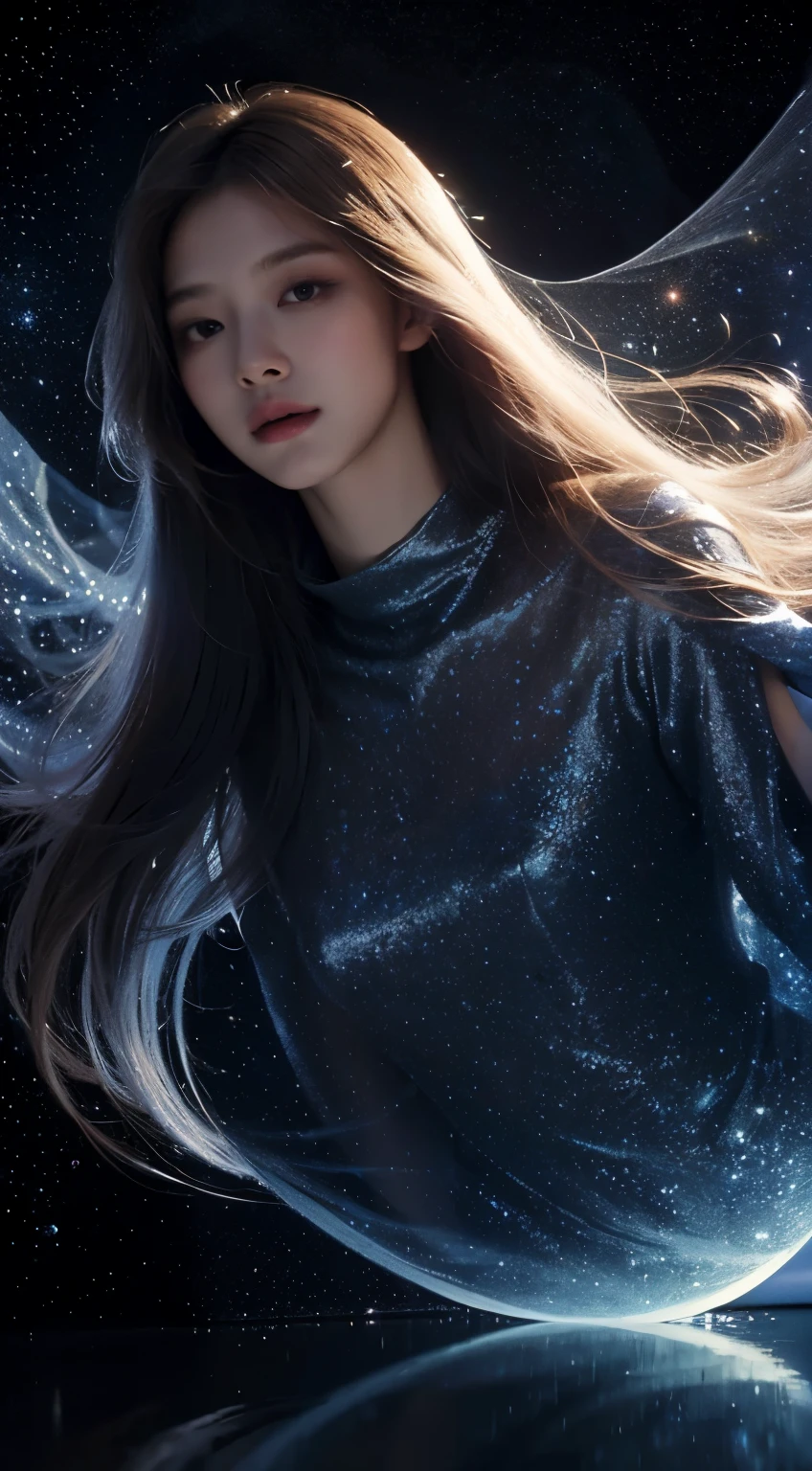 (best quality,32k,8k,highres,masterpiece:1.2),ultra-detailed,realistic:1.37,girl,beautiful dress,galaxy background,sparkling stars,ethereal atmosphere,vibrant colors,elegance,mystical,celestial,moonlight,reflection,flowing fabric,graceful pose,gentle expression,cosmic energy,distant galaxies,dazzling beauty,serene,stellar glow,celestial emissary,alluring,hovering,stellar dust,enchanted garden,starlit night,sheer elegance,astral silhouette,seamless blend,gossamer veil,interstellar journey,effortless beauty,luminous radiance,floating petals,celestial goddess,dreamlike grace,fashion statement,cosmic enchantress,long flowing hair,