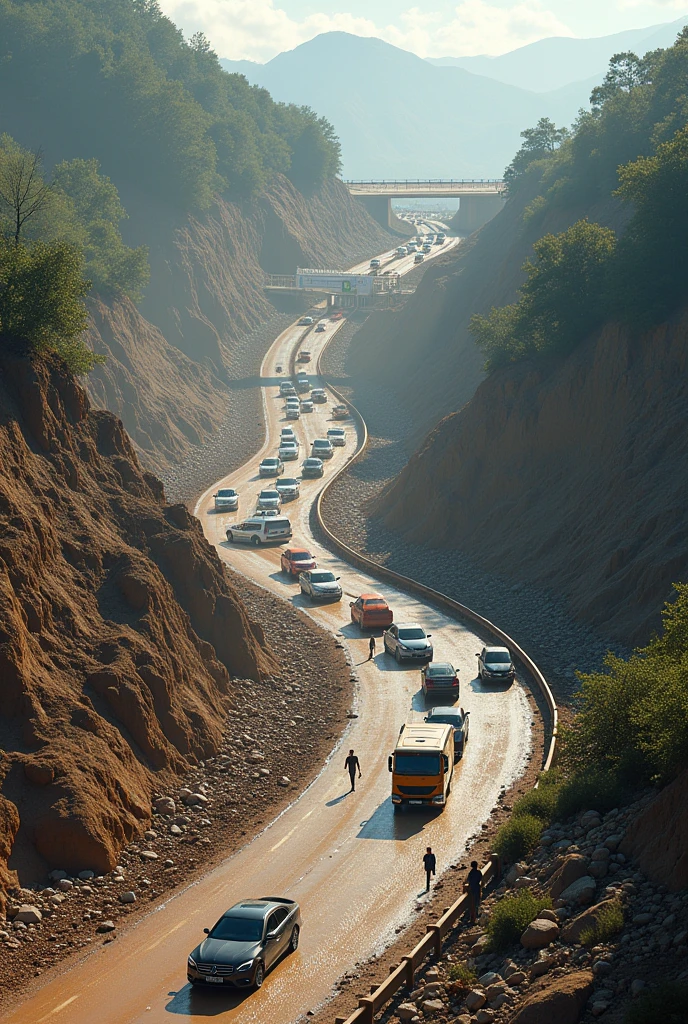 landslide, cars on the highway, jammed, car crashed into a landslide, car flipped over, a severe landslide