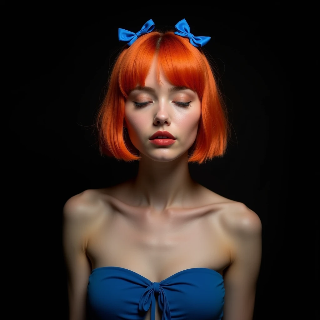 naughty sexy fashion girl, professional, portrait photography, studio light from above and backlight from behind the head, cute girl (Sharp Focus:1.3), very detailed, beautiful detailed face, orange hair bob hairstyle, there are two small blue bows on her head, eyes closed, as if enjoying the sound, --Detailing, whole body, a lot of femininity, Blue dress, Tempting, Dazzling, Black background