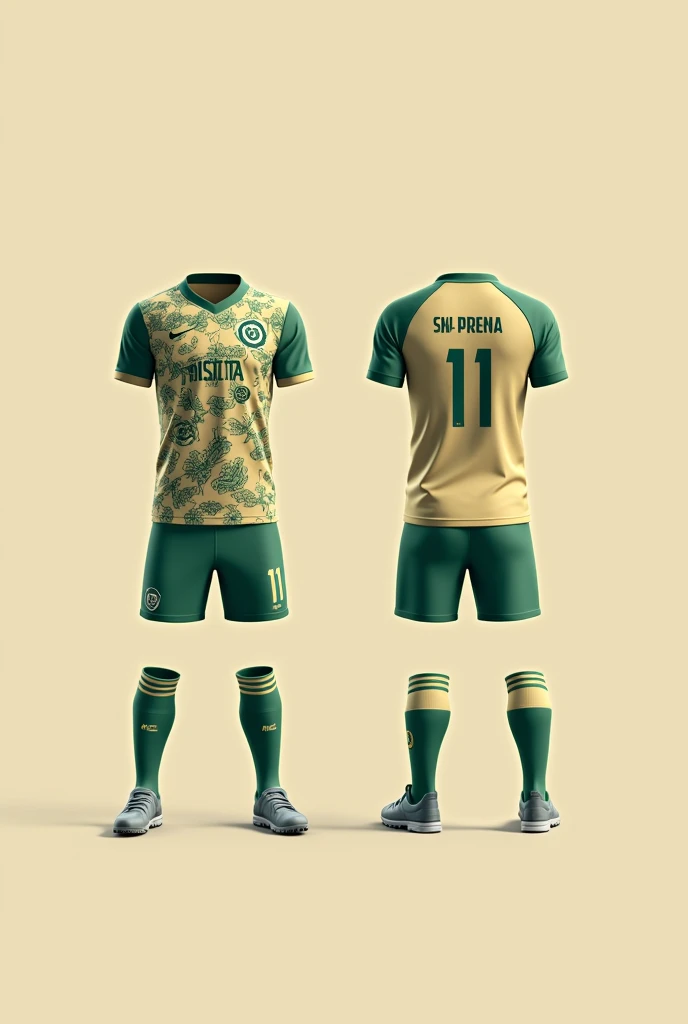 Girls and boys soccer sports uniform on both sides in light beige that combines with gold and green with a print and that on the back of the shirt has a name and a number that the light beige color stands out