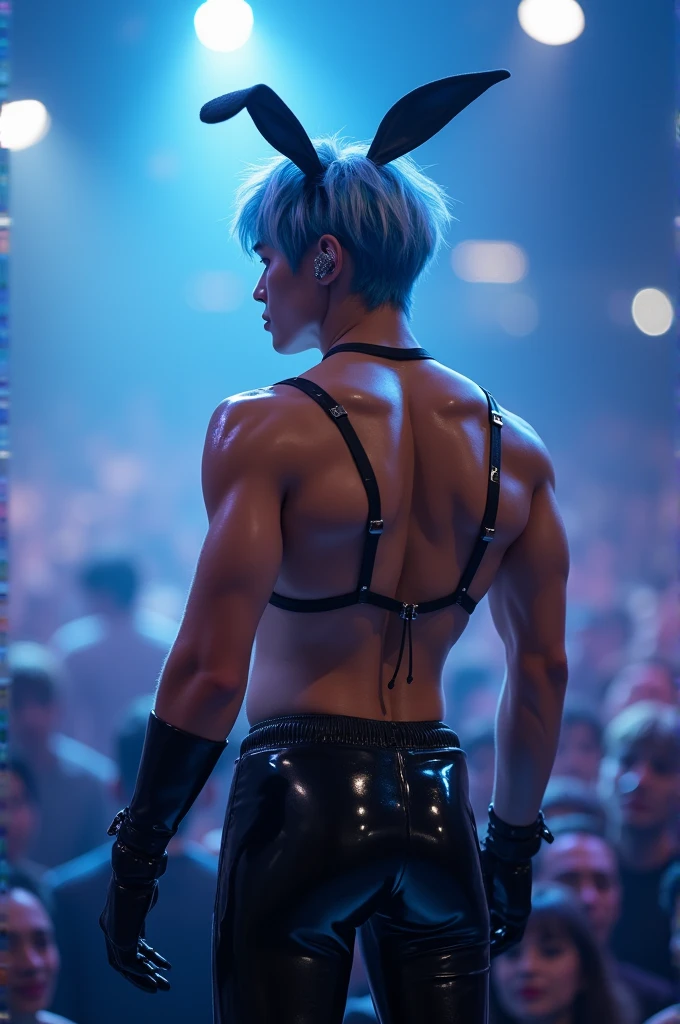 score_9, score_8_up, score_7_up, source_manhwa, best quality, clean face, Lee Ho-seok, man, blue hair with white streaks, blue eyes, long hair, big pecs, perfect body, looking at the viewer, pleasurable expression, sexy bunny outfit, black latex clothes, on stage, standing , acoustic angle, from behind, big ass, low angle, kpop headset