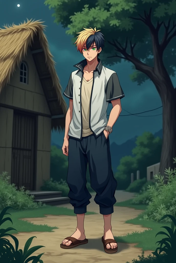 a fantasy anime boy with short and tidy "some blonde and some black hair with a little much red hair" mixed . White shirt with gray short sleeves and black edges, cream colored t-shirt underneath. The buttons are closed. Standing in front of the door of a house with straw walls and a hay roof. Among the greens and a single big tree facing. Old navy pants and old brown sandals. a strong exerciser and tall body that looks a little hot . looking at you dead seriously in a simple pose . . glowing green eyes that have red halo around the pupils . shining in moonlight at dark night landscape