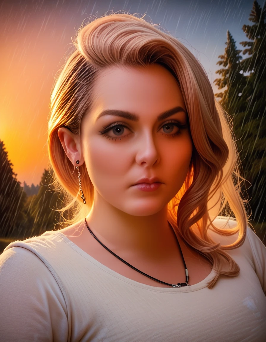 (1 girl) (masterpiece, best quality) ((the cutest camp councilor is sad she wont see you until next year)) , ,  , (stormy dark sky, sunset, raining) (beautiful forest background)
((Melancholy emotions:1.4)), ((realistic oil painting)) art by norman Rockwell, ((safe for work)), ((normalized huge chest)), ((realistic anime style))