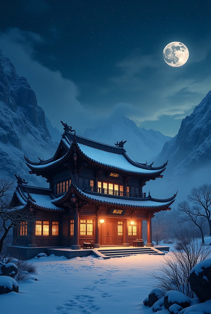 A ancient Chinese house in the snowvalley at night and slot of stars and have orange and yellow light only into the house