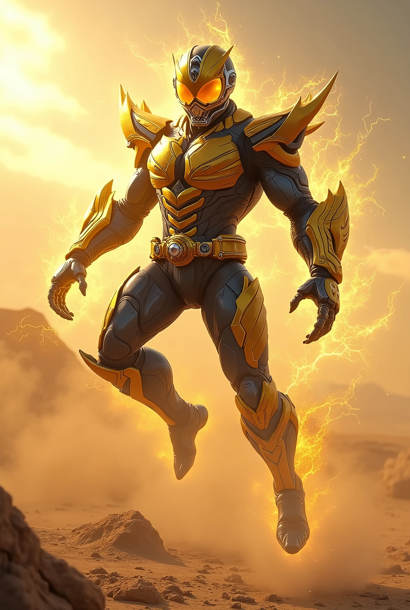 Create superhero with suit full body armour look alike kamen rider with scorpion element smoke effect background at desert yellow black gold suit fighting action electric spark around the body floating in the air