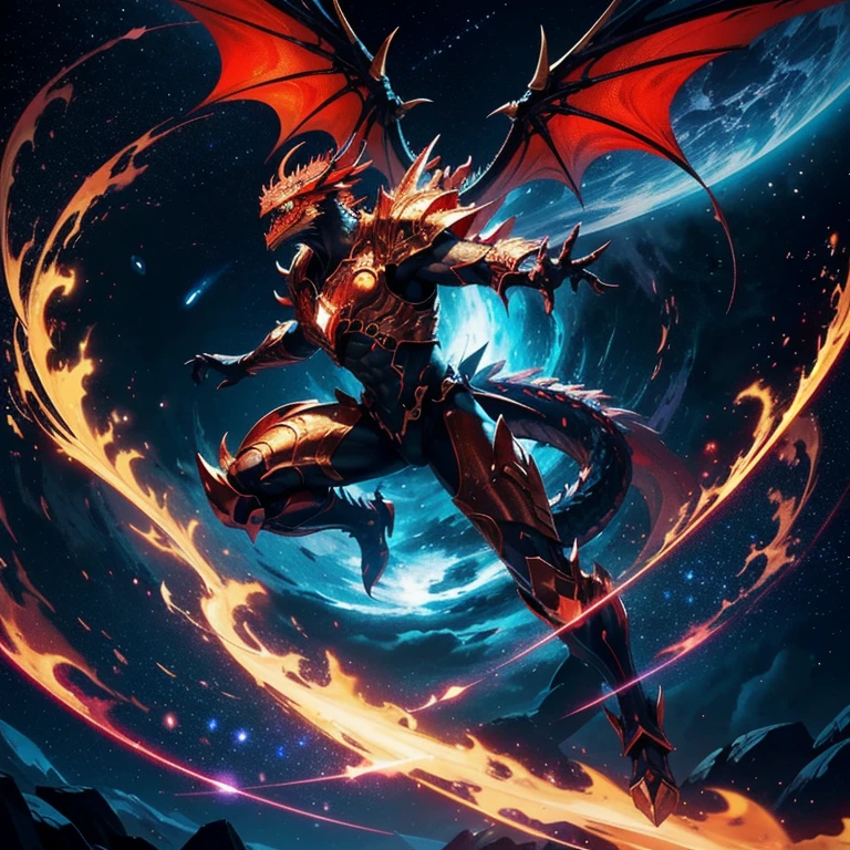 A colossal dragon dominates the scene, merging the fearsome presence of Galaxy-Eyes Photon Dragon with the raw power of a cosmic entity.Its scales are a dynamic blend of deep crimson and radiant gold, shimmering with the light of distant stars and galaxies.The dragon’s body is sleek yet heavily armored, with angular plates pulsing with electric energy, creating a powerful aura around it.The dragon's eyes burn with an intense, otherworldly light, echoing Galaxy-Eyes' piercing gaze, capable of seeing through dimensions.Golden and crimson energy surges from its core, manifesting as living lightning that wraps around its form.These energy tendrils crackle across its scales, amplifying the dragon’s formidable presence.Its wings are a fusion of flesh and metal, massive and intricate, with gold veins coursing through them.The wings stretch wide, each beat causing space to ripple as if bending to the dragon's will.The metallic segments are etched with glowing patterns, enhancing the dragon’s technological prowess.A colossal, glowing chain adorned with mystical runes encircles the dragon, symbolizing immense power and restraint.The chain pulses with the dragon's energy, linking its power to the cosmic forces that bind the universe.The dragon’s metallic claws glint in the cosmic light, capable of tearing through matter and energy.Its tail ends in a bladed tip crackling with energy, adding to the dragon's arsenal.In the background, a swirling vortex of galaxies and nebulae frames the dragon, giving it an ethereal and divine presence.The cosmic backdrop emphasizes the dragon’s immense scale as it floats through space, a beacon of cosmic power.