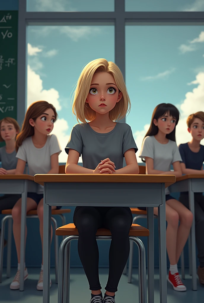 in a modern classroom, A teenage girl with blonde hair and light brown eyes dressed in a short gray blouse and tight black pants is sitting at her desk, with a skeptical expression, while his colleagues excitedly discuss the miracle that happened. Ao fundo, the blackboard has math formulas, and out of the window, the sky is still cloudy. The teenager seems uninterested, but the other students are surprised and intrigued.