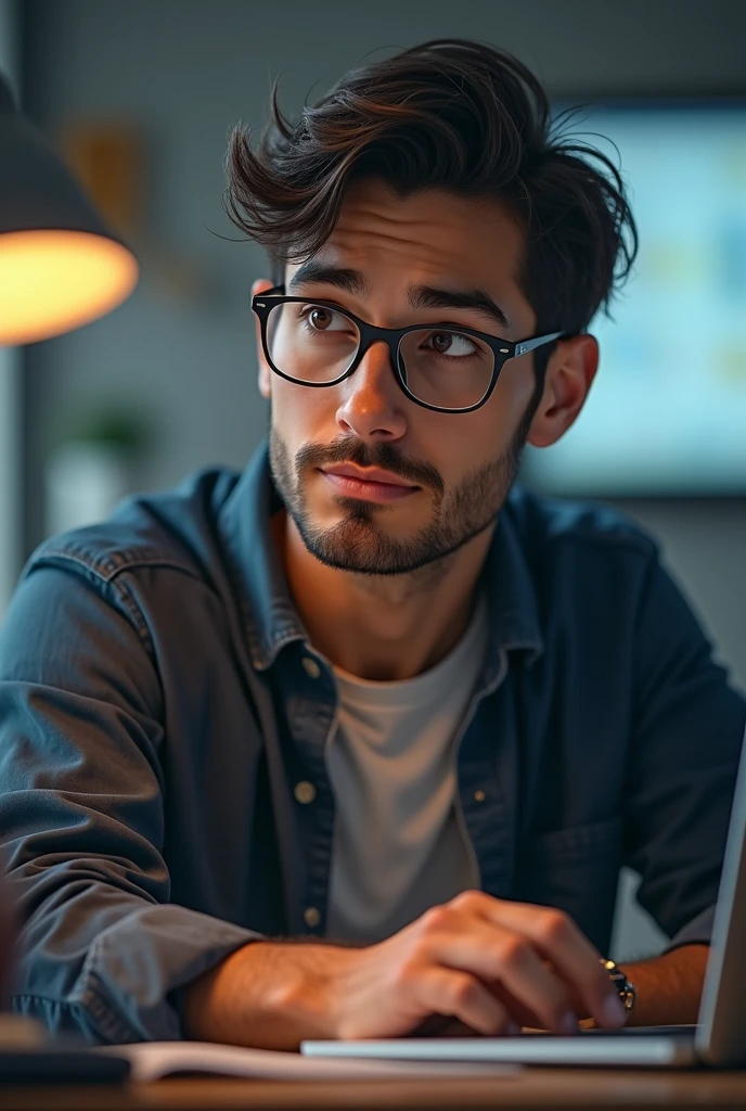 man 30 years old, height: 1.80 m,hair: dark brown, short and slightly messy eyes: Browns Dress Style: Casual and comfortable, He usually wears simple but good quality clothing. Prefer practical clothes like jeans, t-shirts and sweatshirts. He usually wears glasses when he works on the computer..
Dominant Traits: meticulous, obsessive, introvert Interests: data, technology, mystery Skills: Excellent in data analysis, great ability to detect patterns and anomalies, programming skills Weaknesses: Difficulty socializing and handling emotional situations, tendency to obsess over their projects, may seem distant or disinterested