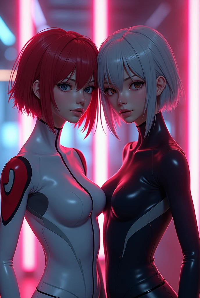 (best quality,4k,8k,highres,masterpiece:1.2),ultra-detailed,(realistic,photorealistic,photo-realistic:1.37),rei ayanami and Asuka Langley, 40 year old,Evangeluon cut out body suits,beautiful detailed eyes,beautiful detailed lips,long eyelashes,tall and slender girls,expressive faces,anime style,portraits,vivid colors,neon light effects,futuristic background scenery,digital artwork,sharp focus,high contrast,HDR,sleek and shiny suits,stunningly realistic skin textures,emotionally charged atmosphere
