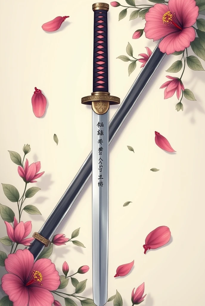 A drawing of a katana with a legend written on the blade of the sword, Valentina's values, Loyalty, love, force, freedom and with flowers of rights and petals flying