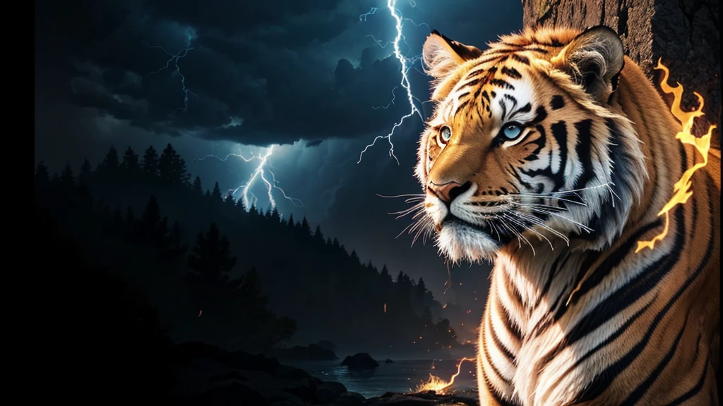 tigre, tigre branco, Tiger, Divine, naturals, thunder, Realistic, rey, realistic detailed, sunset light, sky, sol da noite, realistic detailed 16K, Eletricidade Detalhada 8k, Texturas realistas de 8k, Cores photorrealistic 8k, fire azul, realistic detailed Fire Bolt, sky Light Detailed, Power of thunder, Divine Realistic, golden crown, naturey, Linda, Rendering, photorrealistic, UltraHigh definition, 4K, detailed textures, thunder, detailed shadows, detailed colors, neon blue, blue light, lightning strikes, blue power, naturey Linda, Great Divine, peaceful face, naturalss, lightning strike, Electric power screw, detailed contrast, realistic contrast, high resolution, detailed colors, fire, villany, divine creature, 8k FullHD, realistic detailed, 16K, 8k, High definition, detailed contrast, realistic contrast, high resolution, detailed colors, fire, villany, divine creature, 8k Realistic leão Face, Beauty Lion, Beauty Nature, realistic detailed, chic, elegance