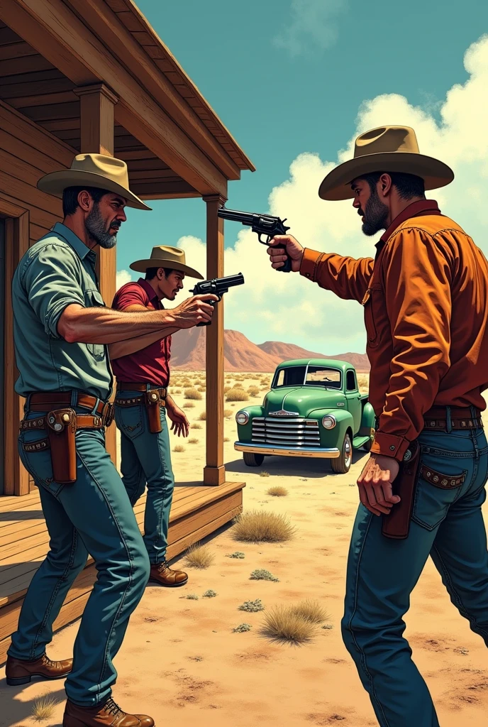 Hyperrealistic color comic 1950s three outlaw cowboys on the porch of a saloon shooting with pistols at the sheriff in the desert in the background a parked Ford truck the sheriff shoots the three cowboys in the back of the saloon a cowgirl woman in a long skirt with two pistols in her hands shoots the three cowboys from the door of the saloon the three cowboys fall to the ground 