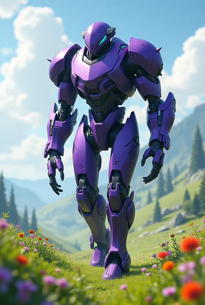 A big robot, complex and detailed with a pointed torso, Without head, dark purple, walking through a meadow.