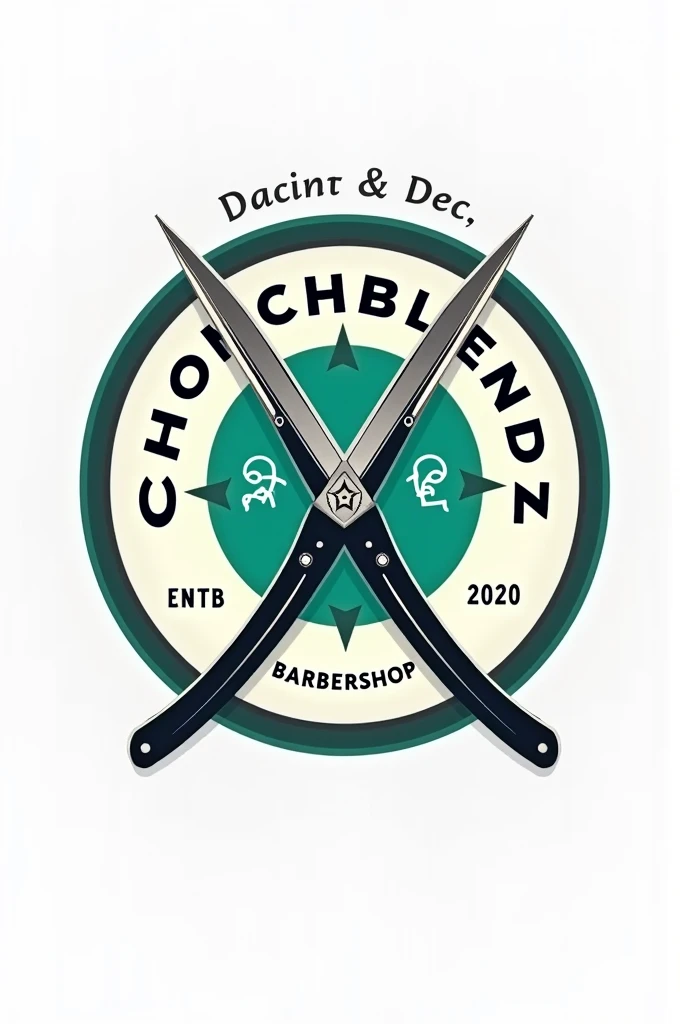 Create a flat vector, illustrative-style emblem logo design for a San Diego barber 'ChonchBlendz' established in 2020 , featuring a modern straight razors crossed in the center of the company name. Use neon green, blue, grey and black colors to convey trust, premium service and a luxury experience against a white background.