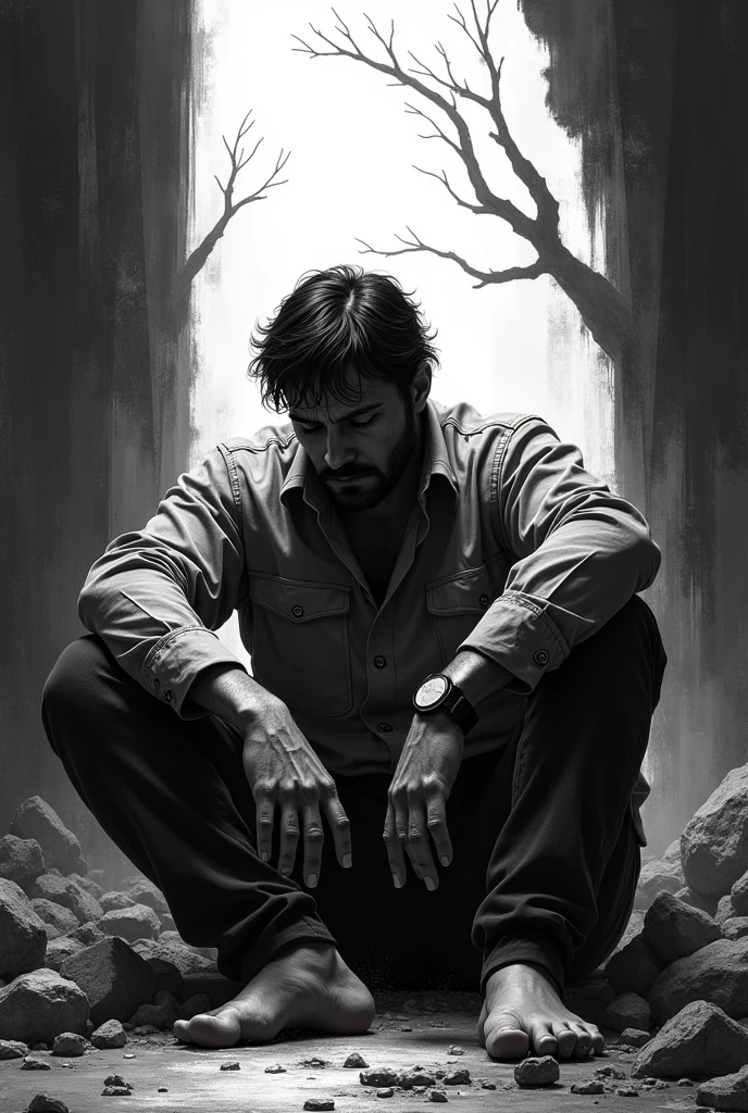 Drawing man sitting depressed chaotic background bb black and white