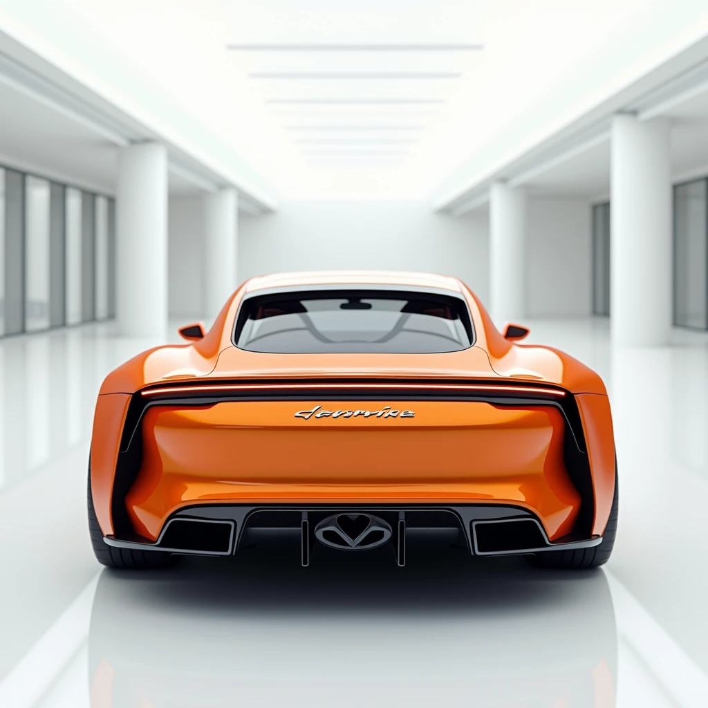A mesmerizing 3D render of a futuristic Porsche 911 Carrera from 2025, captured in a luxurious white showroom. The vibrant orange metallic exterior of the car is accentuated by its sleek, aerodynamic design and bold accents. The word "Porsche 911 Carrera" stands out in metallic letters against the car's body. The back view highlights the cutting-edge innovation and technology that defines the era. A striking contrast is created by the bold white number plate, which features "911 Carrera" prominently displayed on the back grill. This captivating image promises an unparalleled driving experience, inviting potential buyers to embark on a journey into the future of automotive design and performance.