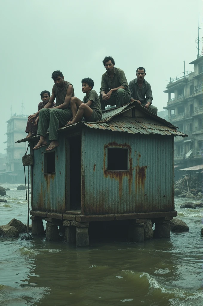 Some poor people are standing on top of a tin house and the tin house is submerged in water filled with broken buildings.