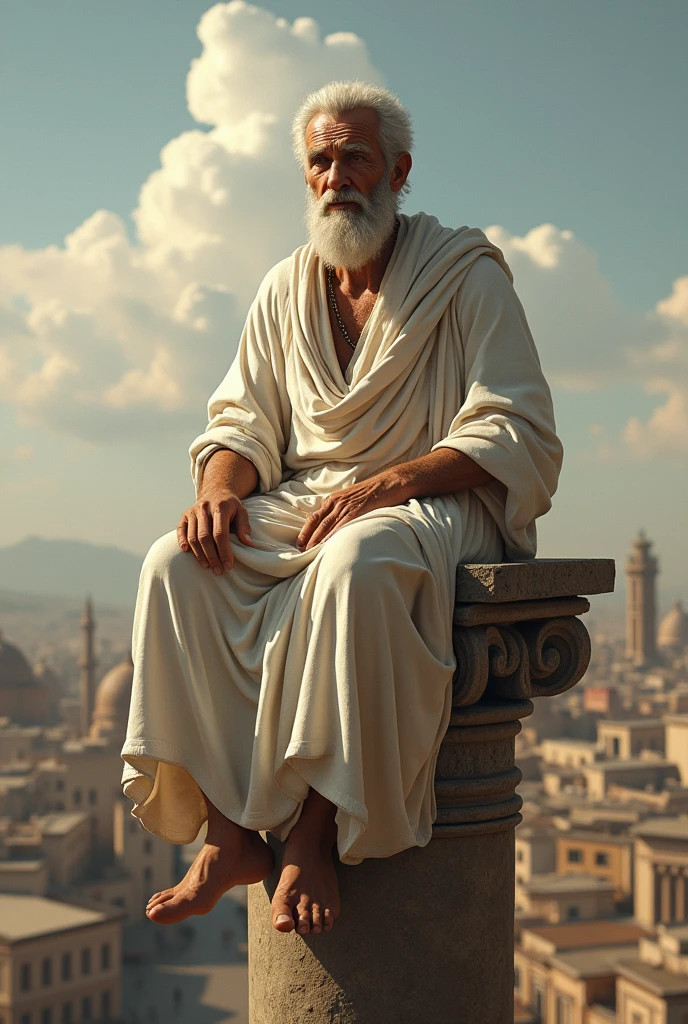  Bards view,, Full-body,  looking at viewer, maybe  AD 4 century  ,sole,  philosopher, Jewish man, on one big pillar,   sitting top , in tent ,  in an ancient Roma city, 70 years-old, ( wave perm , white  hair , Serious ), normal body,  ((An ancient Greek traditional rag cloths, White crock)), noon　,(Textured skin , HI Detail Skin, (Shorthand, Canon, 8k, Anatomically correct, Super Detail, Attention to detail, Your Highness)