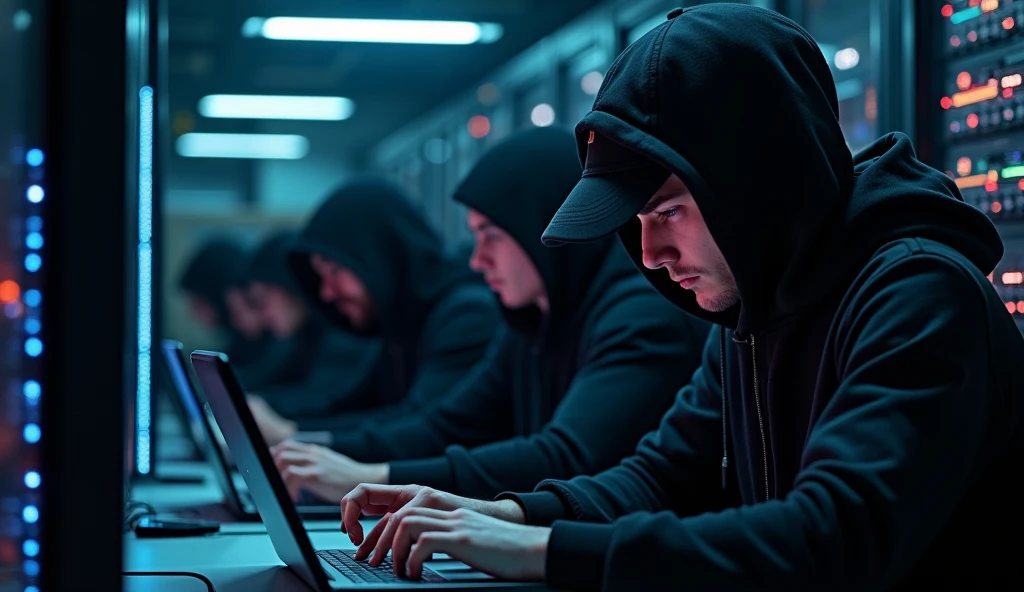 (photorealism:1.2),* **Characters:** Masked Hackers
* **Description:** Dresses with dark hoodies, typing on laptops in a dark room
* **outfit:** Dark Hoodies, baseball hats
* **place:** Dark server room
* **Action in the background:** Computer cables and equipment
* **type of plan:** foreground
* **style:** hyper-realistic, photo realistic, cinematography ar—9:16
