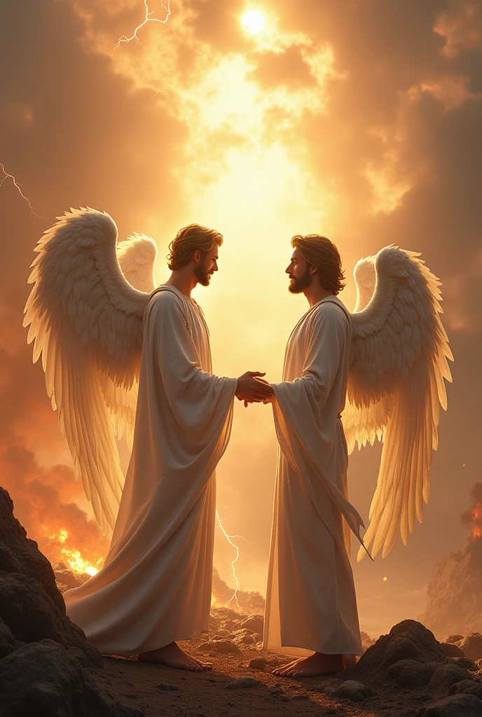 hyper-realistic portrait of 2 male angels , they wear white clothes , with striking faces like the demigods, they bring a divine message to an Israelite named Lot from biblical times, the scene is a city in destruction, Lot, an Israelite man, is in this scene and listens attentively to the angels' message., lighting sun, fire, lightning strikes, thunder, detailed matte painting, deep cores, Fantastic, details Intricate, splashscreen, complementary cores, fantasy concept art, 8k resolution trend in Artstation Unreal Engine 5
