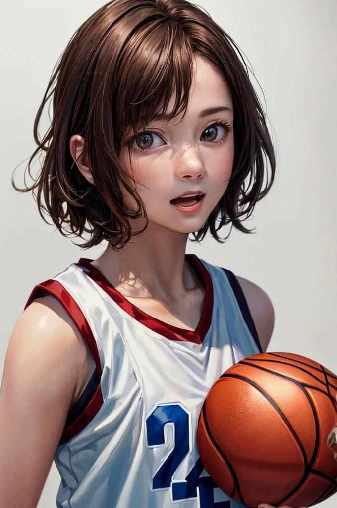 (((Frame In、Pure white wall background、Highest quality、8k、32K、masterpiece)))、(Realistic)、(Realistic:1.2)、(High resolution)、Very detailed、Very beautiful face and eyes、1 person、Round and small face、Tight waist、Delicate body、(close、Highest quality、Attention to detail、Rich skin detail)、(Highest quality、8k、Oil paints:1.2)、Very detailed、(Realistic、Realistic:1.37)、Bright colors、(((Brown Hair)))、(((Brown Hair)))、(((Cowboy Shot)))、(((Bob Hair)))、(((Pure white wall background)))、(((Wearing a basketball uniform)))、(((red basketball outfit)))、(((Surprised face)))、(((1 female)))、(((Tank top style uniform)))、