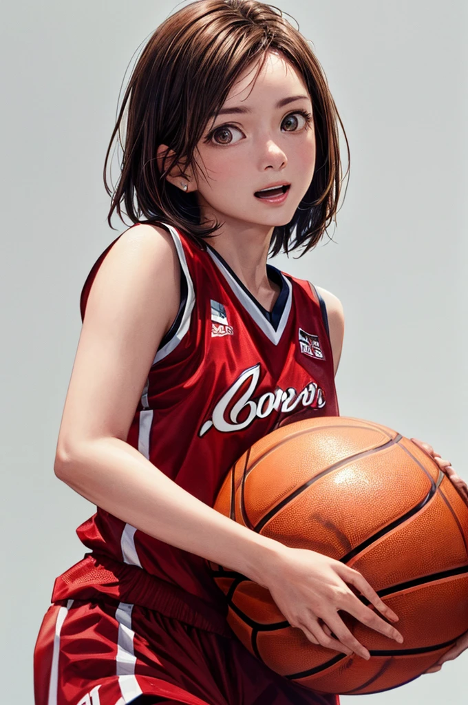 (((Frame In、Pure white wall background、Highest quality、8k、32K、masterpiece)))、(Realistic)、(Realistic:1.2)、(High resolution)、Very detailed、Very beautiful face and eyes、1 person、Round and small face、Tight waist、Delicate body、(close、Highest quality、Attention to detail、Rich skin detail)、(Highest quality、8k、Oil paints:1.2)、Very detailed、(Realistic、Realistic:1.37)、Bright colors、(((Brown Hair)))、(((Brown Hair)))、(((Cowboy Shot)))、(((Bob Hair)))、(((Pure white wall background)))、(((Wearing a basketball uniform)))、(((red basketball outfit)))、(((Surprised face)))、(((1 female)))、(((Tank top style uniform)))、