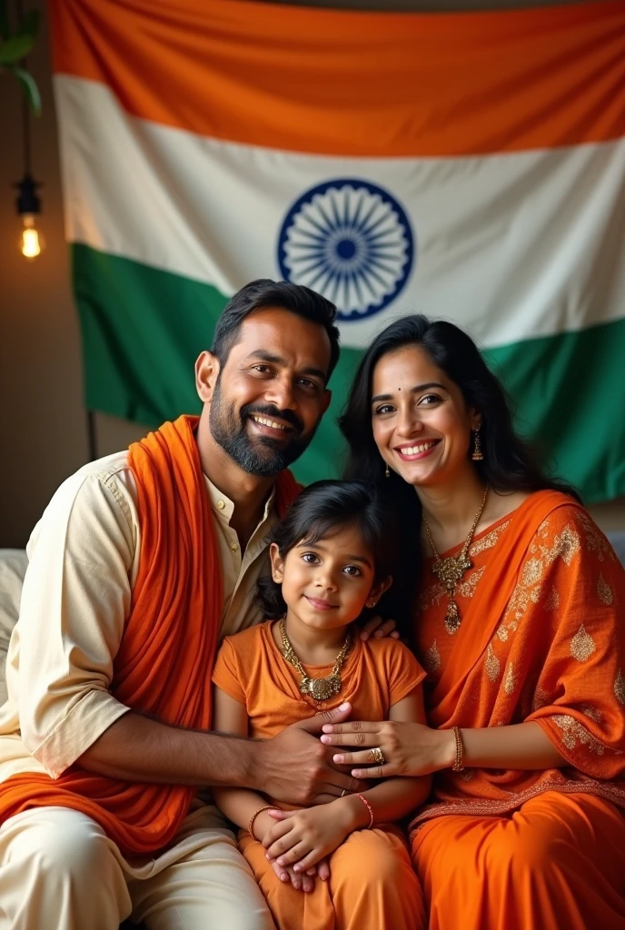 Indian Hindub family with Indian flag in background