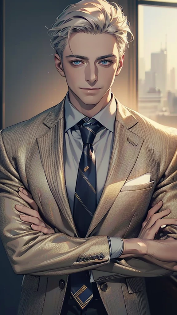 (Highest quality,4K,8k,High resolution,masterpiece:1.2),Very detailed,(Realistic,photoRealistic,photo-Realistic:1.37),1 person,3,Mature Men,very handsome,Expressionless,smile,Short gray golden hair,blue eyes,Sharp Eyes,A perfect face without a doubt,Intimidating posture,Businessman,Office Background,Cinema Lighting,HDR image