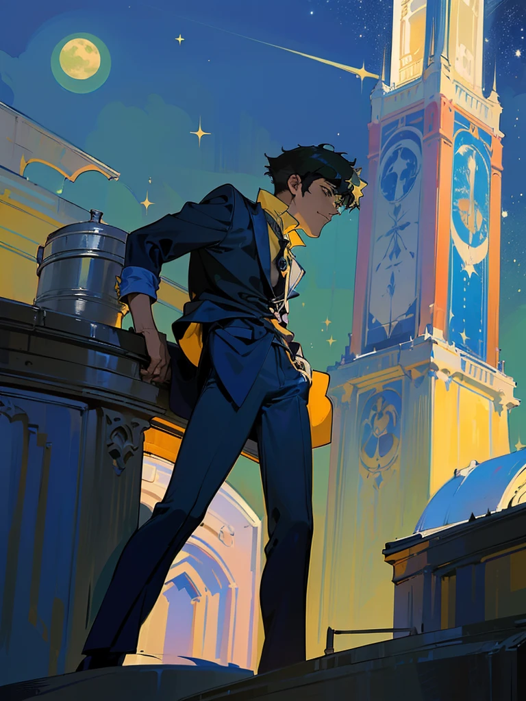 (masterpiece、top-quality、top-quality、Detailed and complex、official art、aesthetically pleasing:1.3)、(Spike spiegel)(Standing on a rooftop) (realistic art:1.3) Black hair、blue suit, yellow shirt with tie. Moon and stars background. 