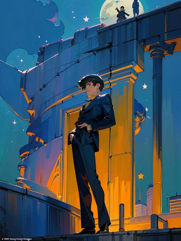 (masterpiece、top-quality、top-quality、Detailed and complex、official art、aesthetically pleasing:1.3)、(Spike spiegel)(Standing on a rooftop) (realistic art:1.3) Black hair、blue suit, yellow shirt with tie. Moon and stars background. 