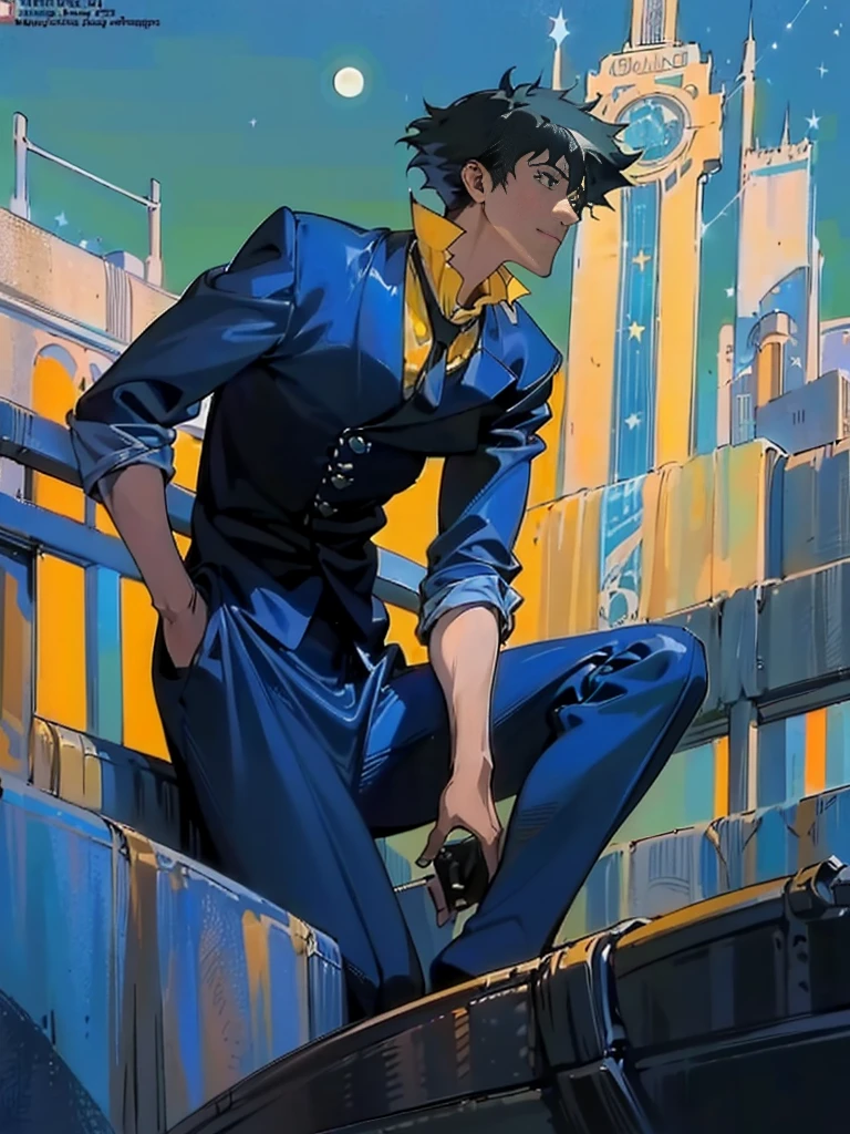 (masterpiece、top-quality、top-quality、Detailed and complex、official art、aesthetically pleasing:1.3)、(Spike spiegel)(Standing on a rooftop) (realistic art:1.3) Black hair、blue suit, yellow shirt with tie. Moon and stars background. 