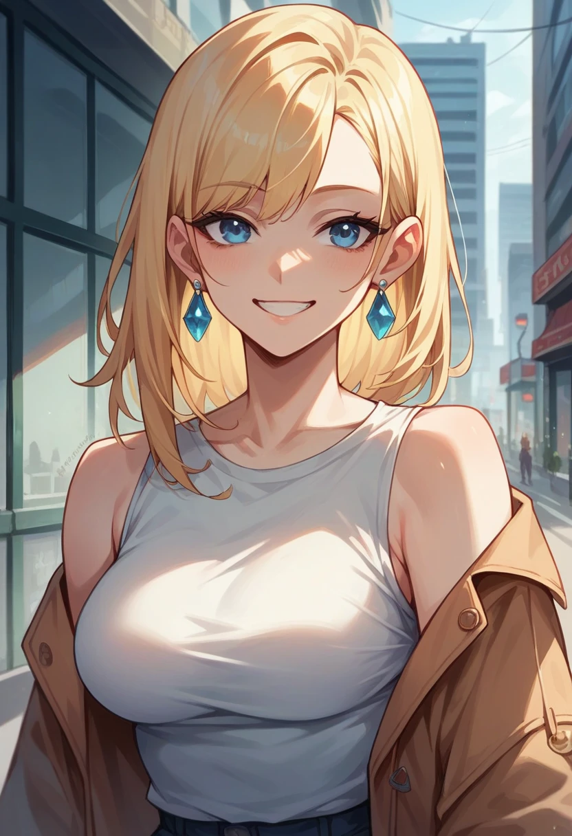 One person, High resolution, blue eyes, Blonde, accessories, Earrings, Highest quality, Shortcuts, City Snaps Smile,