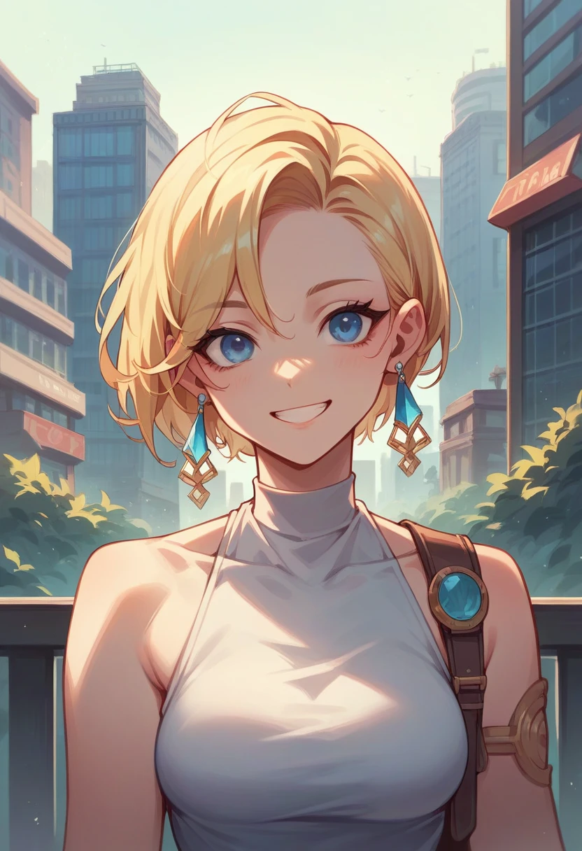 One person, High resolution, blue eyes, Blonde, accessories, Earrings, Highest quality, Shortcuts, City Snaps Smile,