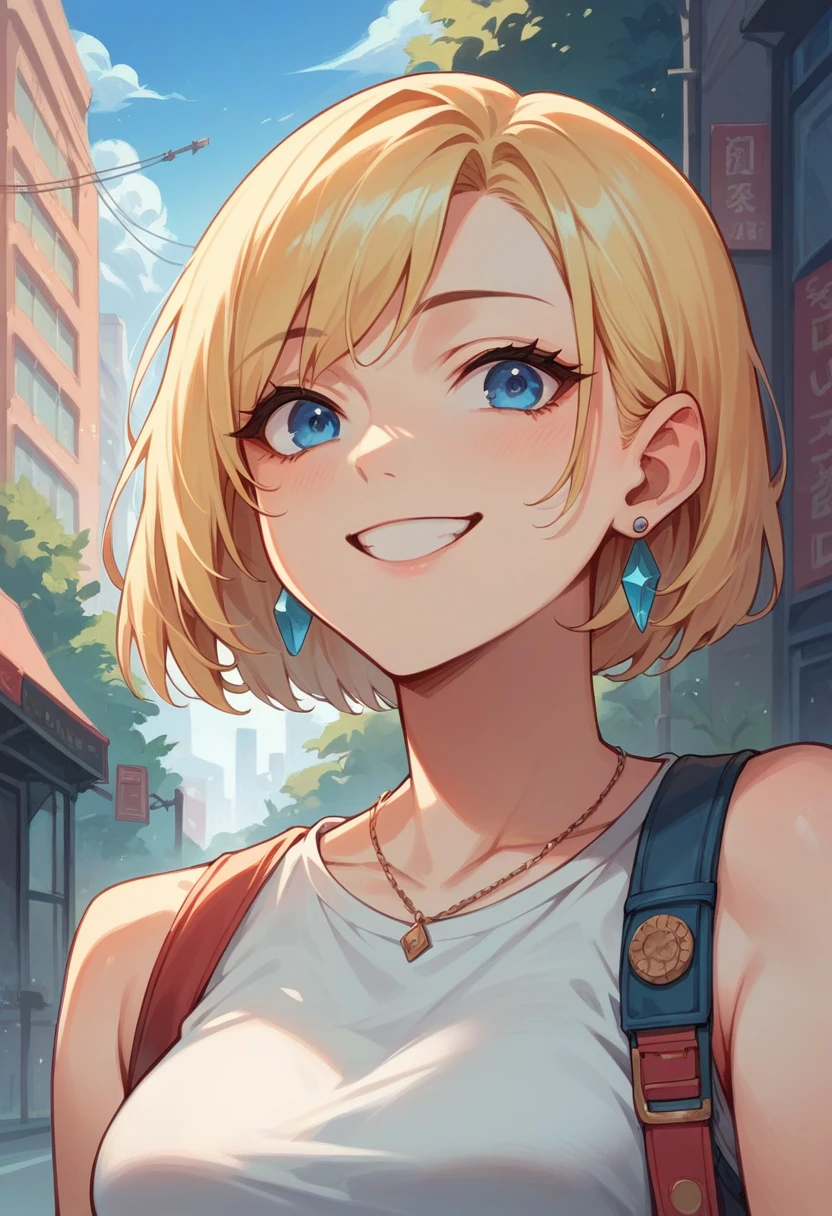 One person, High resolution, blue eyes, Blonde, accessories, Earrings, Highest quality, Shortcuts, City Snaps Smile,