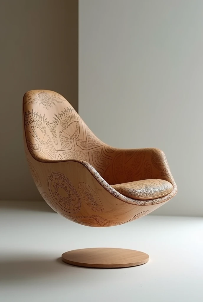 An ergonomic magnetic levitation floating chair made of renewable wood and plastic materials with pre-Columbian patterns with a holographic panel to control the house.